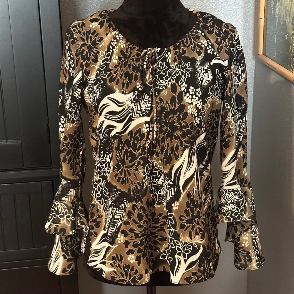 Impressions Women's Medium Floral Abstract Blouse Bell Sleeve Boho Cottagecore